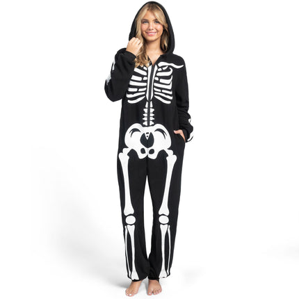 Adult Skeleton Costume for Women, Hooded Zipper Pajama Jumpsuit with Bones Print for Halloween Cosplay Party Themed Dress up and Role Play