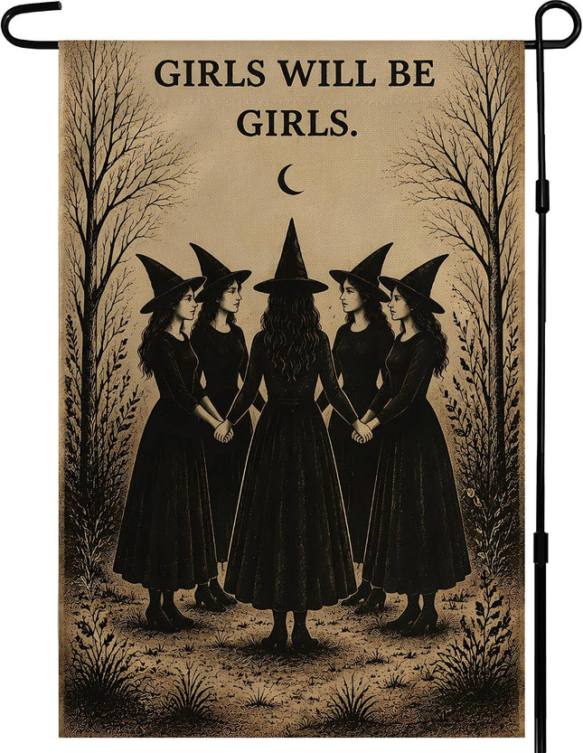 Halloween Decorations - Witch GIRLS WILL BE GIRLS Garden Flag | Halloween Party Decorations for Outdoor Indoor outside - Trick or Treat Banner Decor for Garden Porch Patio Lawn Yard Party Favors Supplies