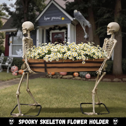 Halloween 5Ft Two Skeleton Carrying Coffin Decorations, Poseable Arms Pallbearers, Life Size Skull Decor, Halloween Party Cooler Prop, Outdoor Spooky Graveyard, Indoor Haunted House, Yard Display