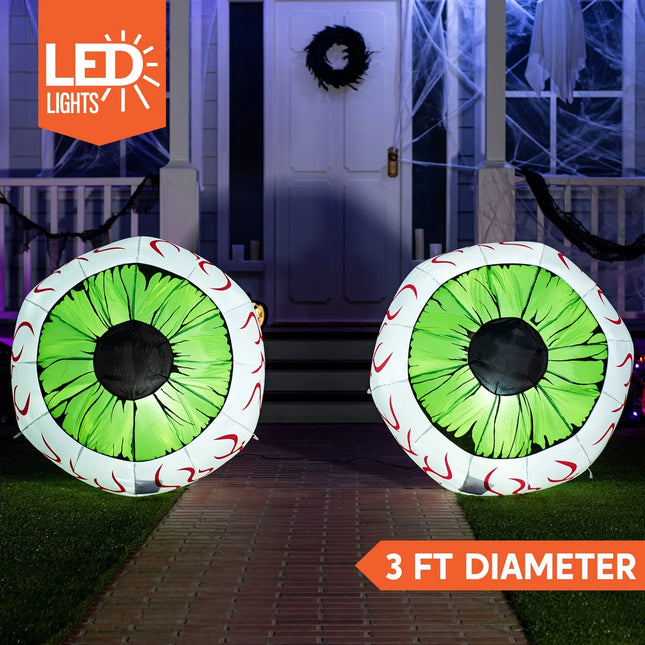 2 Pack Halloween Inflatable Eyes Decoration with Build-In Leds,3 Ft Blow Ups Green Eyes for Yard,Halloween Decor Outdoor with Leds Party Supplies Blow up Decoration