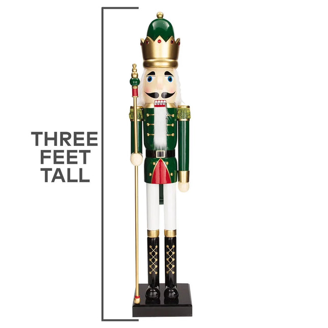 Large Classic Green Wood Holiday Nutcracker with Scepter, 3 Ft