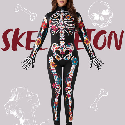 Floral Skeleton Costume for Womens, Skeleton Bone Bodysuit Halloween Costumes for Adult Halloween Party Fancy Dress-Up