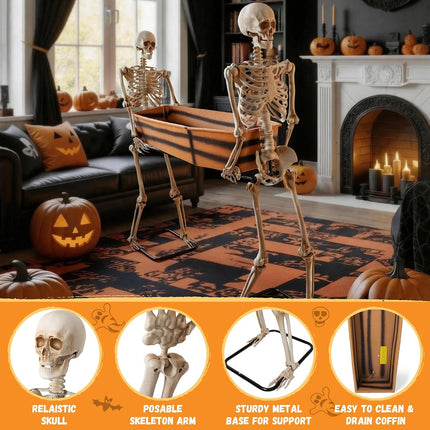 Halloween 5Ft Two Skeleton Carrying Coffin Decorations, Poseable Arms Pallbearers, Life Size Skull Decor, Halloween Party Cooler Prop, Outdoor Spooky Graveyard, Indoor Haunted House, Yard Display