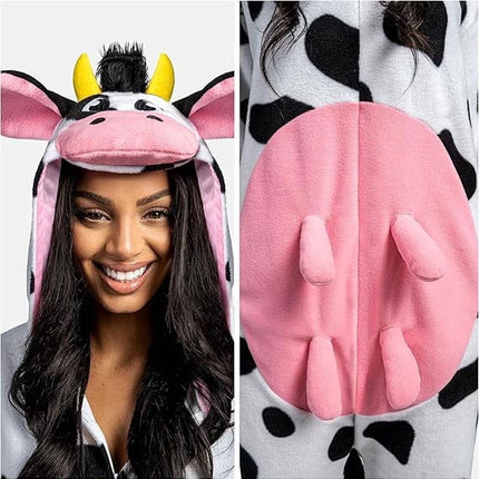 Adult Cow Pajamas, Realistic Plush Cow Costume Jumpsuit Outfit Hooded Halloween Costume Sleepwear for Halloween Cosplay Animal Themed Parties(Large)