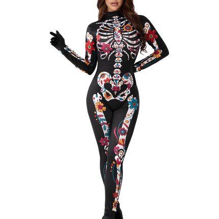 Floral Skeleton Costume for Womens, Skeleton Bone Bodysuit Halloween Costumes for Adult Halloween Party Fancy Dress-Up