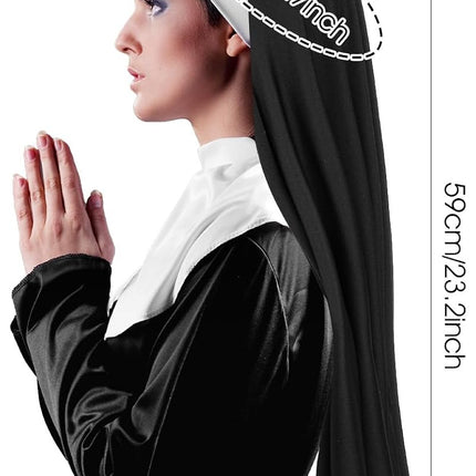 Nun Headpiece Costume, Elegant Nun Habit Cap Costume Accessory for Women, Nuns Veil Costumes for Halloween Cosplay Party, Nuns Headpiece Accessories (Black and White)