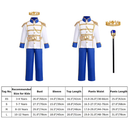 Boy Prince Charming Costume Halloween Carnival Cosplay Fancy Dress up Medieval Royal Prince King Knight Outfit for Kids Jacket Top Pants Crown Set 3-4 Years Royal Blue