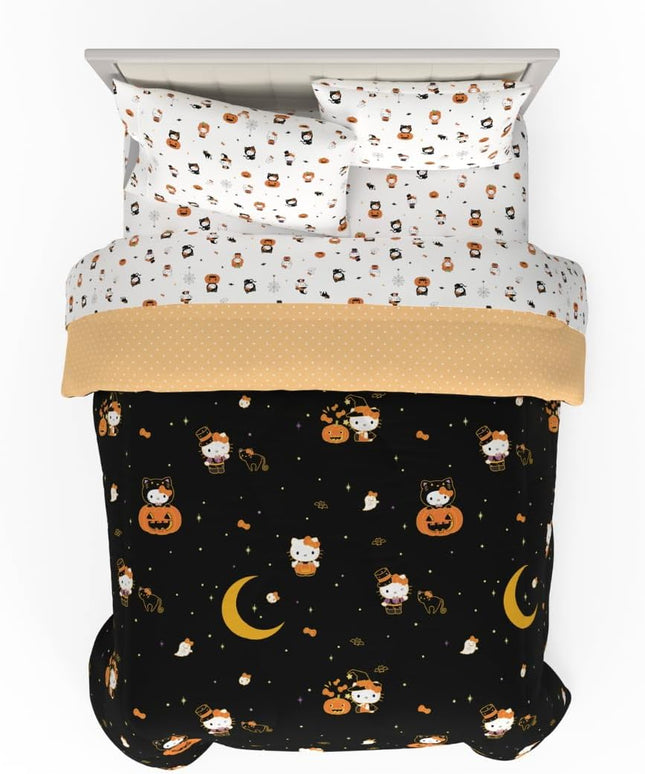 Sanrio Hello Kitty Halloween Pumpkin Queen Bed Set – Super Soft & Cozy 5 Piece Reversible Comforter and Sheet Set (Officially Licensed Product) by