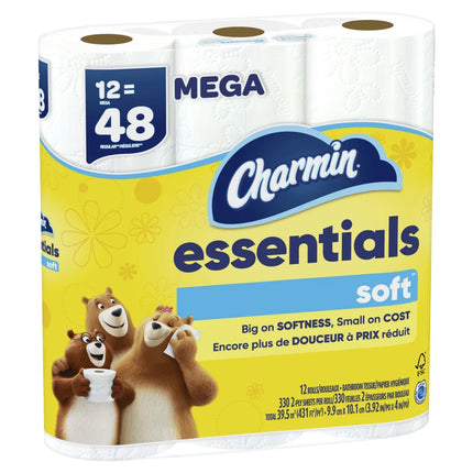 Essentials Soft Toilet Paper 12 Mega Rolls, 330 Sheets per Roll