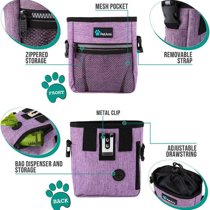 Dog Treat Pouch, Pet Treat Pouch for Training, Dog Walking Bag Holder for Kibbles, Pet Food Toy, Dog Trainer Essentials Supplies, Poop Bag Dispenser, 3 Ways to Wear (Purple)