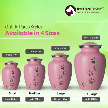 Ottillie Paws Legacy Series Pet Urn for Dogs, Handmade Aluminum Memorial Cremation Urn (Large - Pets up to 115 Lbs, Ardent Pink, Vertical Pewter Paws)
