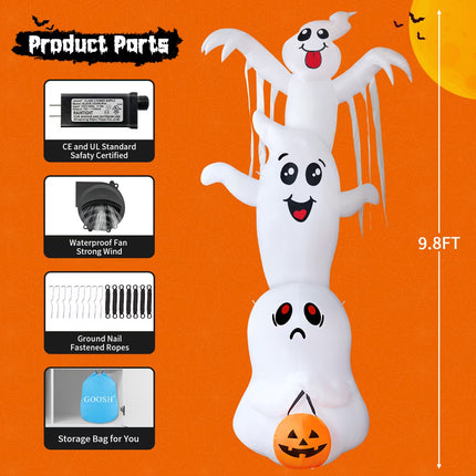 Halloween Inflatables 9.8 FT Halloween Ghost Inflatable with Built-In Leds, Scary Inflatable Ghost Blow up Overlap Ghost, Outdoor Halloween Decorations Ghost Inflatable for Halloween Holiday Pa