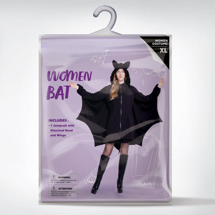 Women‘S Black Bat Costume Zip up Hooded Jumpsuit with Attached Ears for Halloween Party Cosplay and Themed Dress up XXL