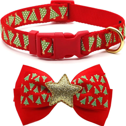 Christmas Dog Collar with Bow Tie - Adjustable Festival Green Tree Collar for Medium Dogs