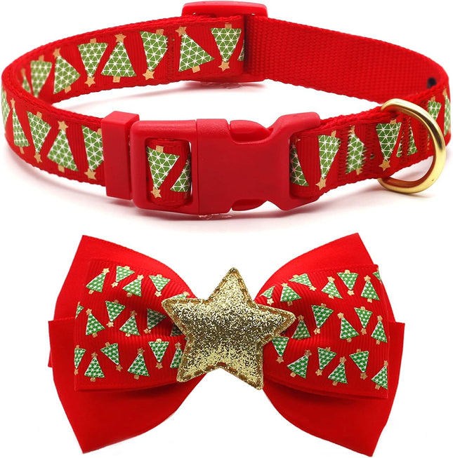 Christmas Dog Collar with Bow Tie - Adjustable Festival Green Tree Collar for Medium Dogs