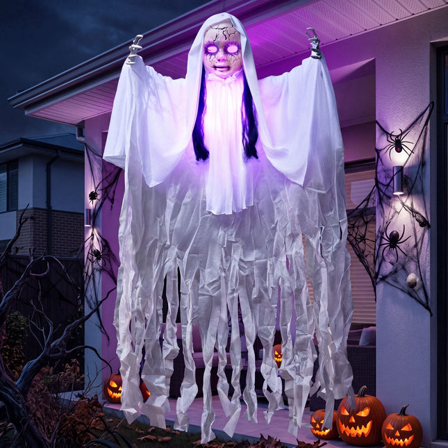 43" Hanging Ghost Girl Halloween Decor,Scary Ghost Sound Activated with Light-Up Head,Scary Decoration for Yard,Patio,Lawn,Garden & Haunted House