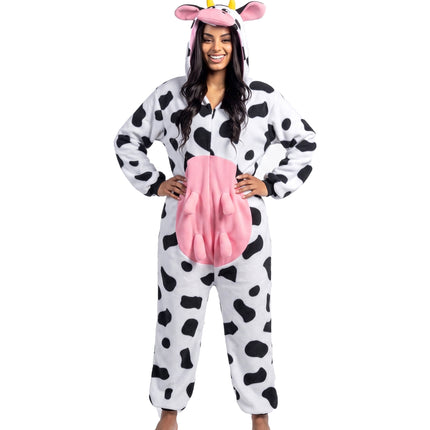 Adult Cow Pajamas, Realistic Plush Cow Costume Jumpsuit Outfit Hooded Halloween Costume Sleepwear for Halloween Cosplay Animal Themed Parties(Large)
