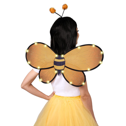 2 Pcs Yellow Bumble Bee Wings with Light Up, Bee Antenna Headband Set for Girls Halloween Animal Costume Cosplay Party