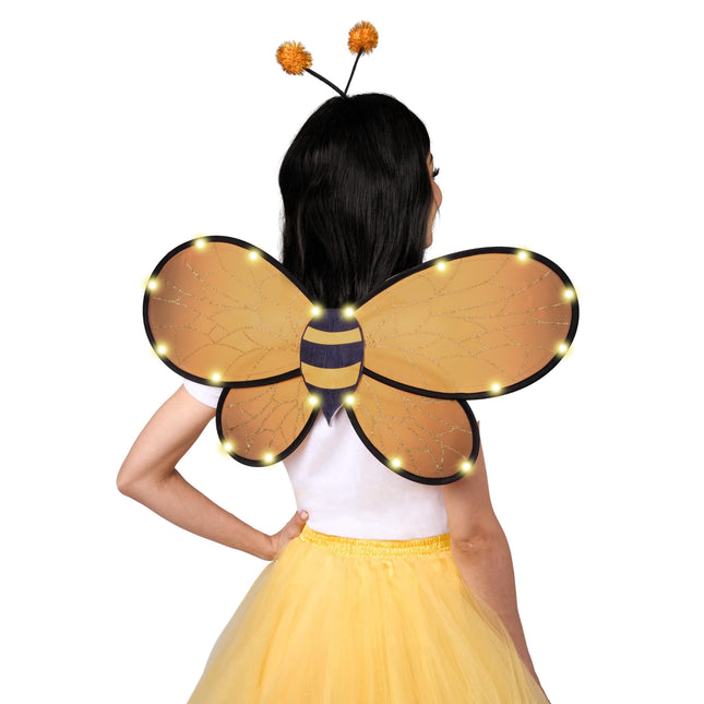 2 Pcs Yellow Bumble Bee Wings with Light Up, Bee Antenna Headband Set for Girls Halloween Animal Costume Cosplay Party