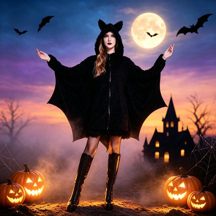 Women‘S Black Bat Costume Zip up Hooded Jumpsuit with Attached Ears for Halloween Party Cosplay and Themed Dress up XXL