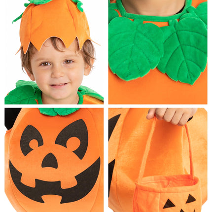 Child Pumpkin Costume with Toy Basket for Kids Toddler Halloween Dress up Pumpkin Themed Party Role Play Cosplay