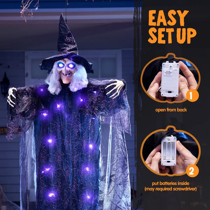 6Ft Halloween Witch Decoration,Outdoor Scary Halloween Animatronic Hanging Witch with Light up Eyes and Sound Decoration for Halloween Outdoor