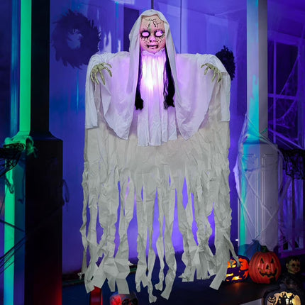43" Hanging Ghost Girl Halloween Decor,Scary Ghost Sound Activated with Light-Up Head,Scary Decoration for Yard,Patio,Lawn,Garden & Haunted House