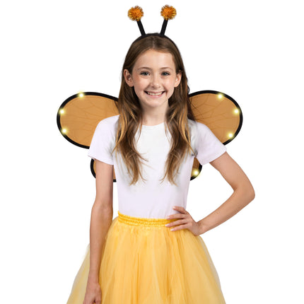 2 Pcs Yellow Bumble Bee Wings with Light Up, Bee Antenna Headband Set for Girls Halloween Animal Costume Cosplay Party