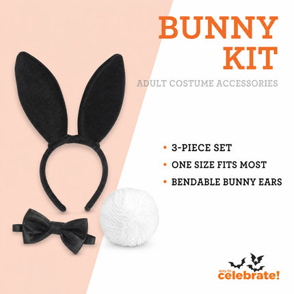 Bunny Costume Accessory Kit for Adults, Black, 3 Pieces, Halloween by