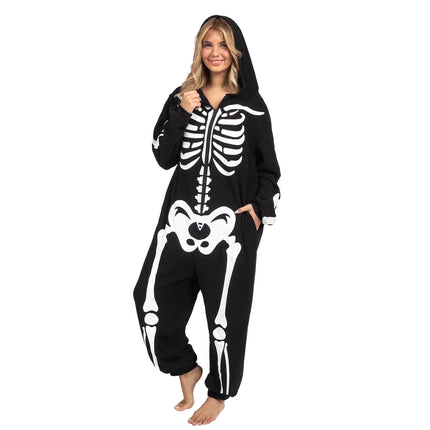 Adult Skeleton Costume for Women, Hooded Zipper Pajama Jumpsuit with Bones Print for Halloween Cosplay Party Themed Dress up and Role Play