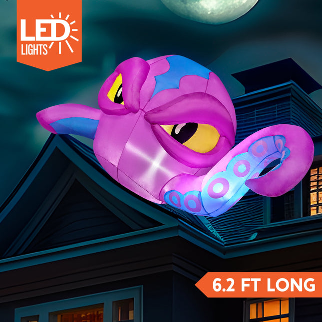 4 FT Halloween Inflatable Purple Octupos Head with Tentacles Broke Out from Window with Built-In LED Blow up Inflatable for Window Decoration Yard Garden Lawn Decor