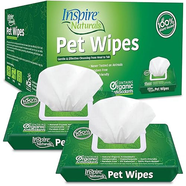 Inspire Naturals Pet Wipes 100% Natural Plant Based with Organic Antioxidants, Dog Wipes Cleaning Deodorizing Cat Wipes | Dog Ba