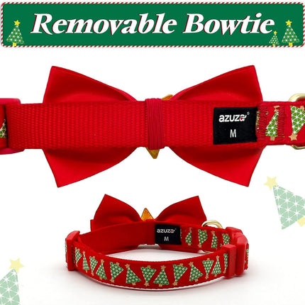 Christmas Dog Collar with Bow Tie - Adjustable Festival Green Tree Collar for Medium Dogs