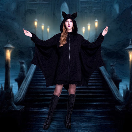 Women‘S Black Bat Costume Zip up Hooded Jumpsuit with Attached Ears for Halloween Party Cosplay and Themed Dress up XXL