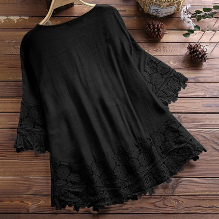 Cotton Linen Shirts for Women,Women'S Boho Tops Floral Lace Crochet V Neck Shirts 3/4 Sleeve Summer Blouse Loose Fit Tunics plus Size 2024,Black,M