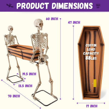 Halloween 5Ft Two Skeleton Carrying Coffin Decorations, Poseable Arms Pallbearers, Life Size Skull Decor, Halloween Party Cooler Prop, Outdoor Spooky Graveyard, Indoor Haunted House, Yard Display