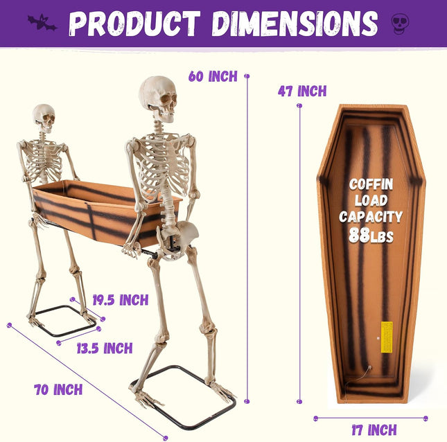 Halloween 5Ft Two Skeleton Carrying Coffin Decorations, Poseable Arms Pallbearers, Life Size Skull Decor, Halloween Party Cooler Prop, Outdoor Spooky Graveyard, Indoor Haunted House, Yard Display