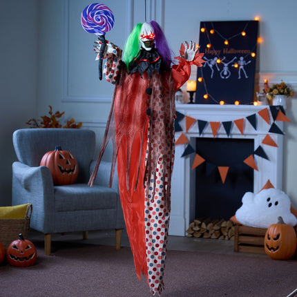 53" Halloween Animated Hanging Scary Clown Decorations Outdoor,Sound Activated Screaming & Waving Arms,Red Glowing Light up Eyes,Outdoor Halloween Prop for Yard Lawn Haunted House