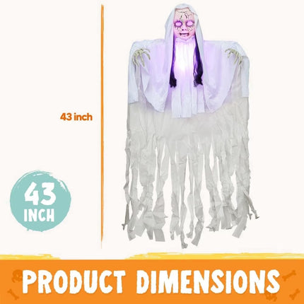 43" Hanging Ghost Girl Halloween Decor,Scary Ghost Sound Activated with Light-Up Head,Scary Decoration for Yard,Patio,Lawn,Garden & Haunted House