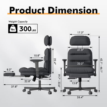 Ergonomic Reclining Office Chair with Footrest, Adjustable Swivel Base, Headrest, Lumbar Support, Black