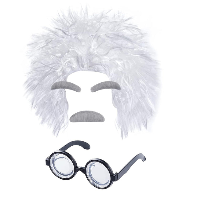 Old Man Costume Set Mad Scientist Wig Glasses Mustache Eyebrows for Dressing up Grandpa Costume Halloween Party Cosplay Set