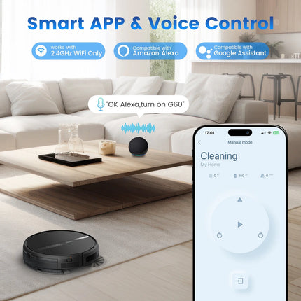 G60 3 in 1 Robot Vacuum and Mop Combo with Smart App&Voice Control,2 in 1 Tank for Pet Hair