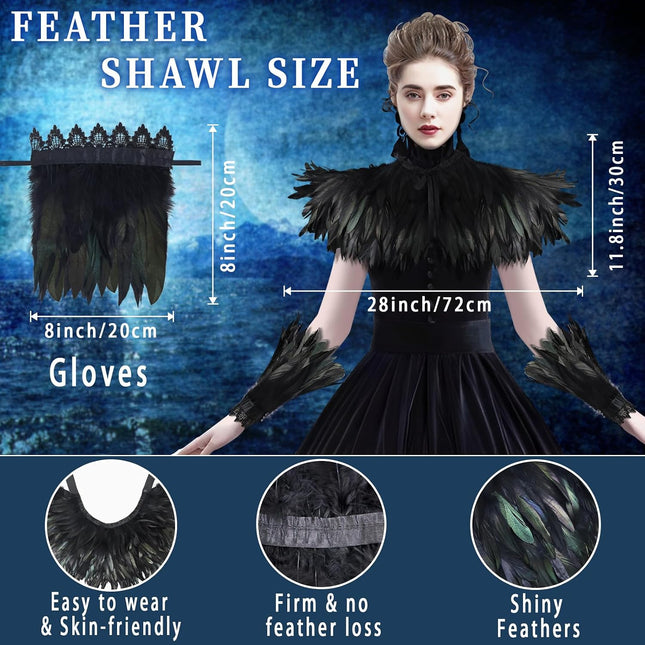 2 PCS Feather Shawl, Gothic Black Feather Shrug Cape with Gloves for Women for Halloween Carnival Cosplay