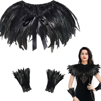 2 PCS Feather Shawl, Gothic Black Feather Shrug Cape with Gloves for Women for Halloween Carnival Cosplay