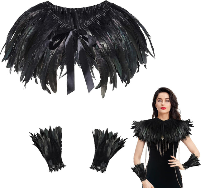 2 PCS Feather Shawl, Gothic Black Feather Shrug Cape with Gloves for Women for Halloween Carnival Cosplay