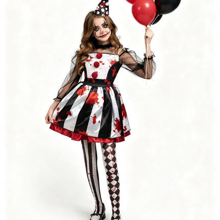 Girls Clown Costume, Halloween Scary Clown Costume, Family Matching Bloody Jester Dress for Girls Halloween Dress Up, Role Play, Cosplay Party