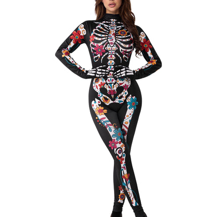 Floral Skeleton Costume for Womens, Skeleton Bone Bodysuit Halloween Costumes for Adult Halloween Party Fancy Dress-Up