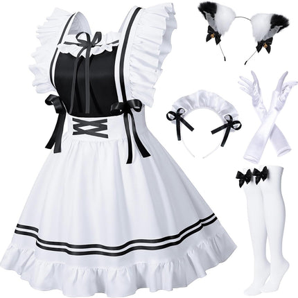 Classic French Maid Costume Apron Fancy Dress Cosplay Outfit Headwear Gloves Socks Set