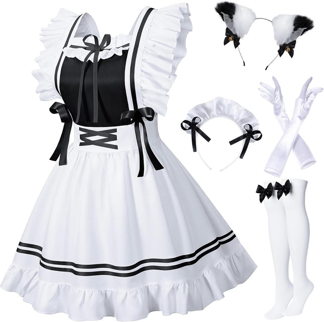 Classic French Maid Costume Apron Fancy Dress Cosplay Outfit Headwear Gloves Socks Set