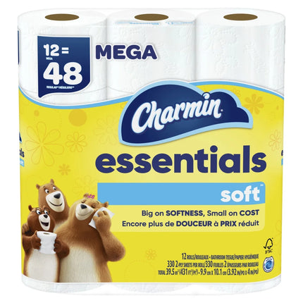 Essentials Soft Toilet Paper 12 Mega Rolls, 330 Sheets per Roll